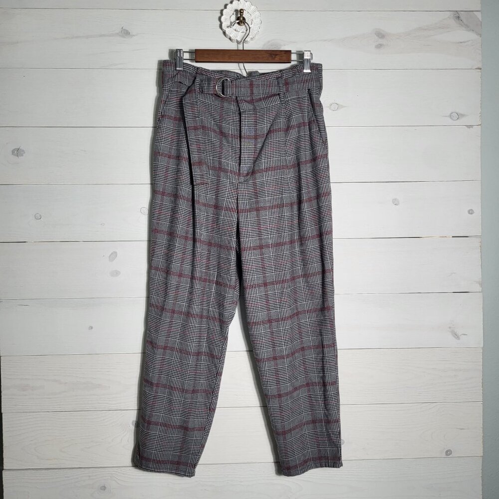 Hollister Gray Plaid Straight Leg Pants with Subtle Burgundy Windowpane